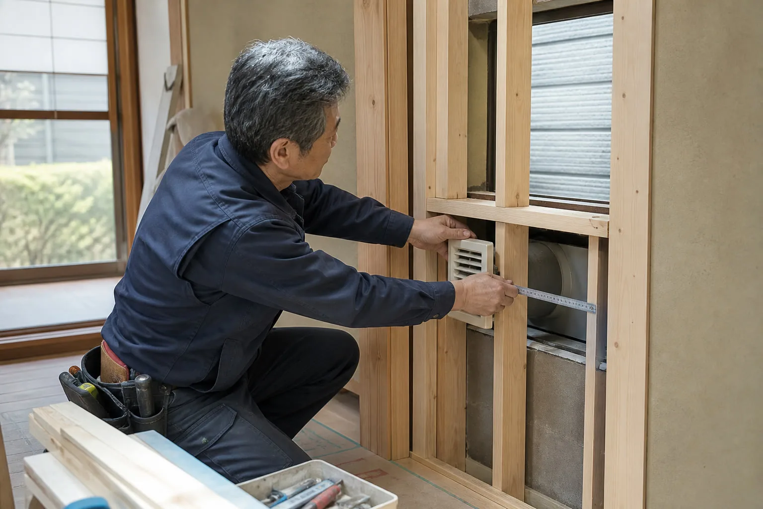 既存住宅の壁内部を確認しながら作業する大工