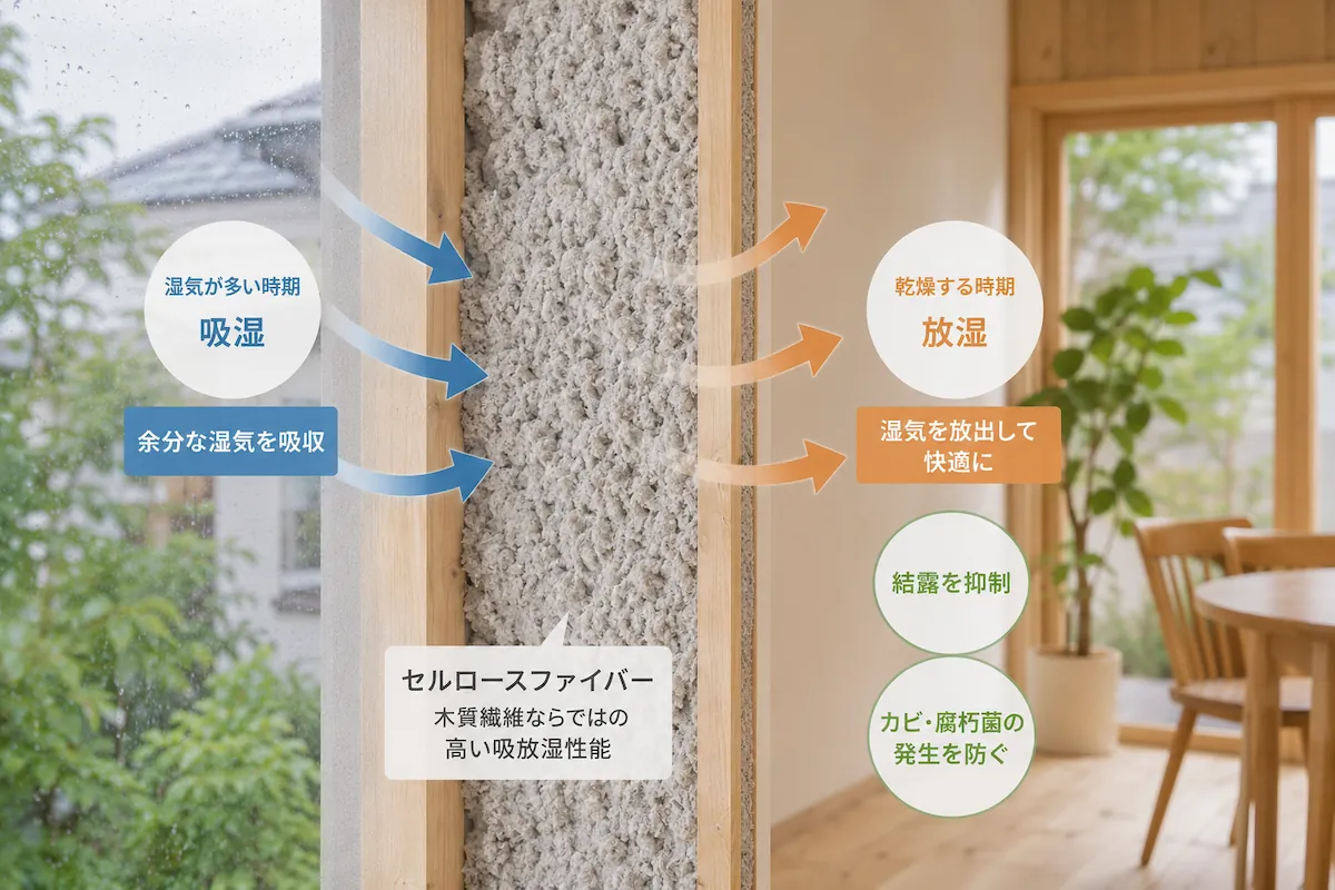 セルロースファイバーの吸湿と放湿の仕組み図