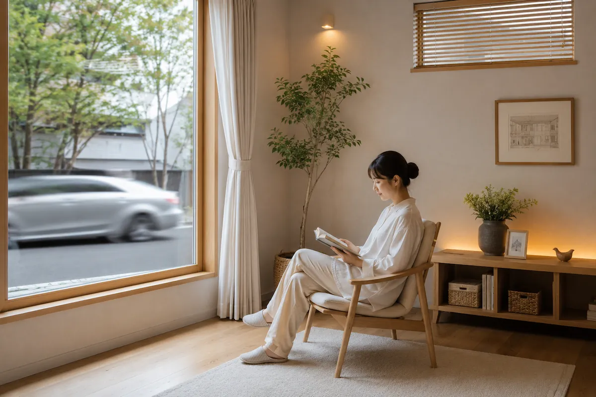 窓の外を車が通る静かな室内で本を読む人