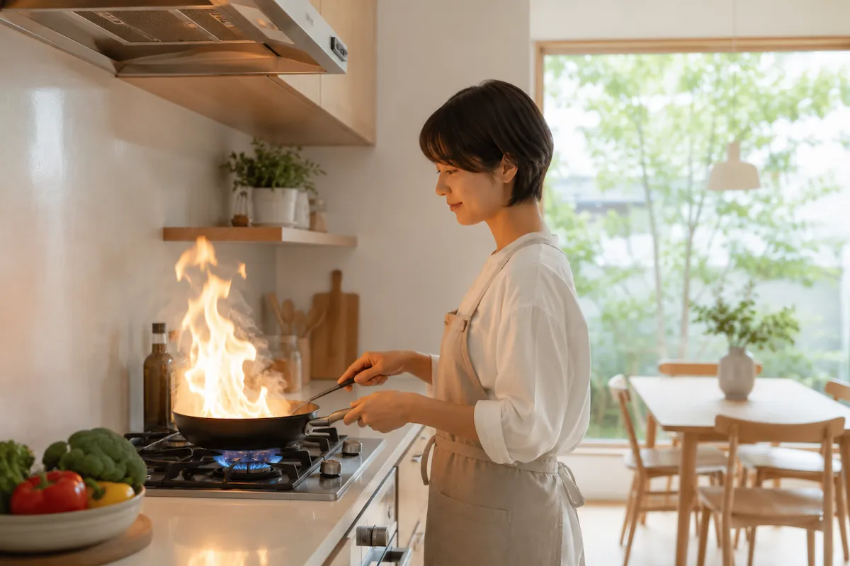 炎の上がるフライパンで料理するキッチン