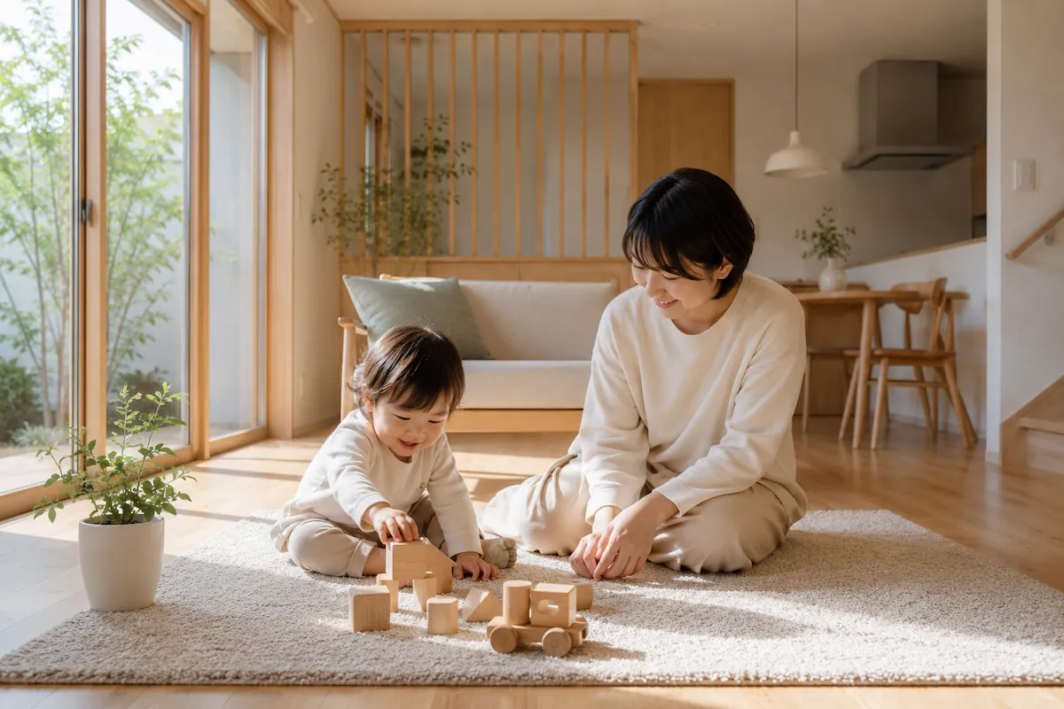 陽光の入るリビングで積み木遊びをする親子