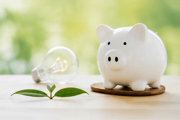 貯金箱と電球、若葉