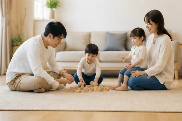 リビングで積み木遊びをする家族