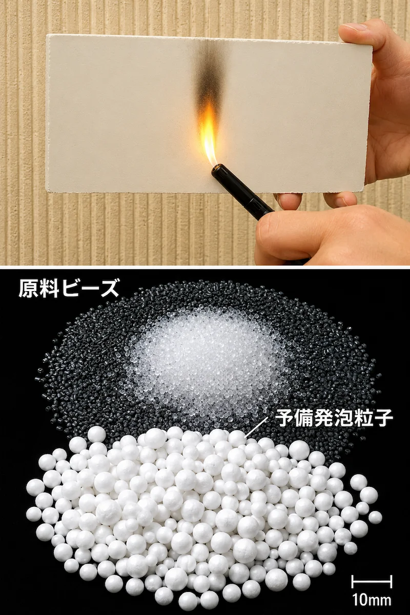 EPSの燃焼実験と原料ビーズ、予備発泡粒子