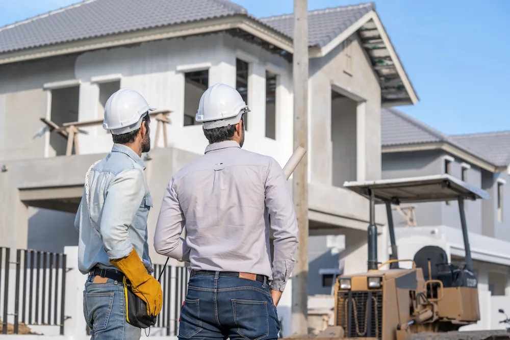 建設中の住宅を確認する作業着の二人