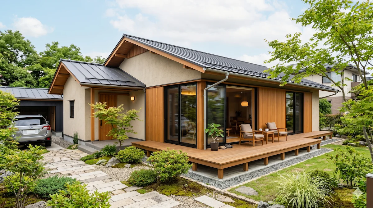 ウッドデッキと庭のある平屋の外観