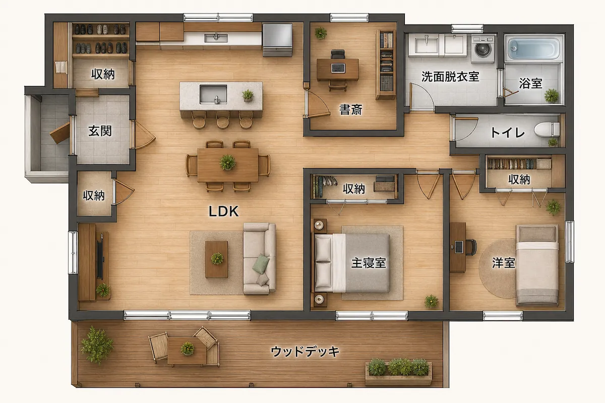 木に包まれる平屋の間取り