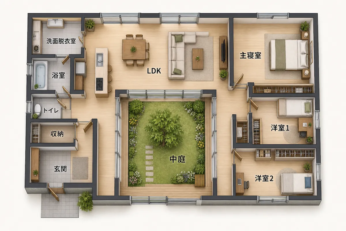 中庭のある平屋の間取り