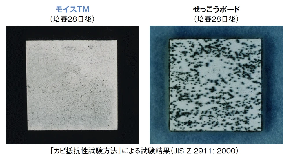 カビ抵抗性試験。培養28日後のモイスTMとせっこうボードの比較