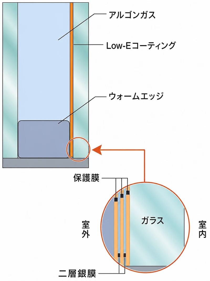 LOW-Eペアガラスとウォームエッジの断面