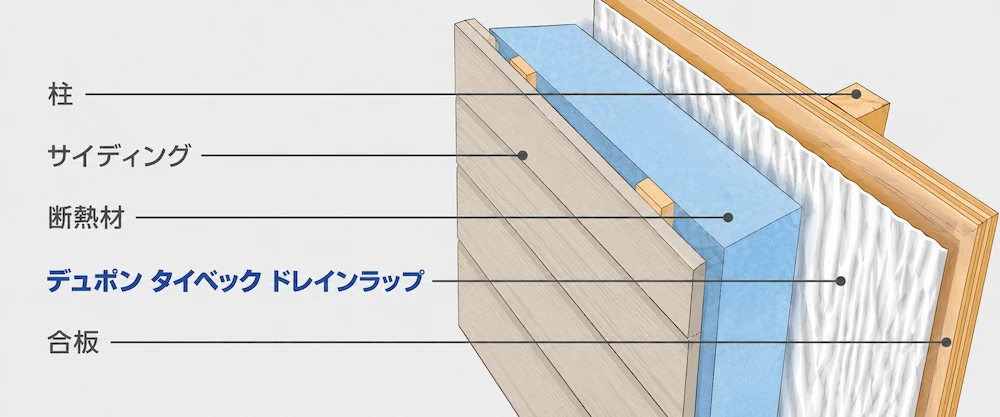 サイディング、断熱材、タイベック ドレインラップ、合板、柱の壁構成図
