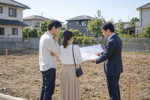 住宅用地で図面を見ながら、担当者と建築計画を確認する二人